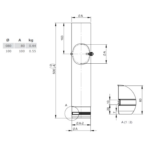 Anteprima: Tubi per stufe a pellet - Tubo 500mm con ispezione - non verniciato - Tecnovis-Pellet-Line