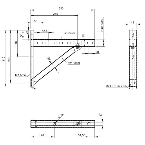 Anteprima: Canna Fumaria - Supporto a muro & traversa - Tip.1 - 350 mm - doppia parete - TEC-DW-Standard